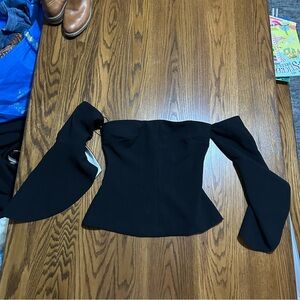 LIKELY black womens top open shoulder with long flared‎ sleeves party shirt